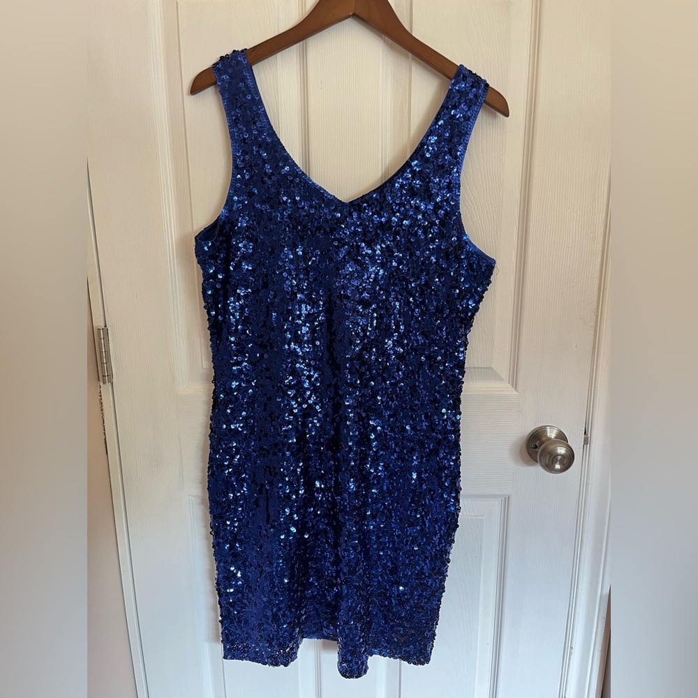 Blue sequin body con dress in size XL